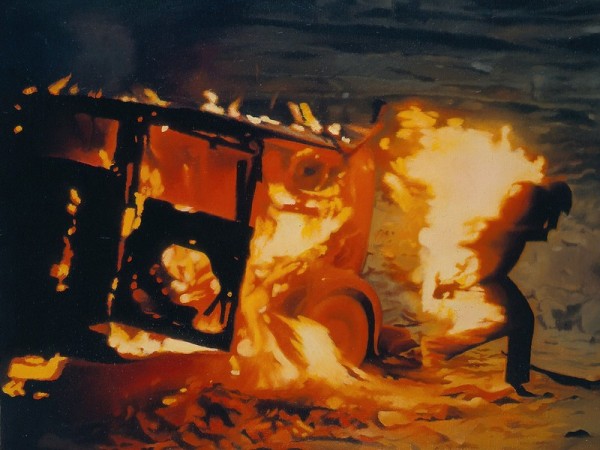 Vija Celmins, "Burning Man," 1966  Oil on canvas 20 x 22.5 inches. Private Collection, New York.