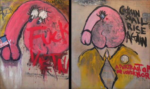 Judith Bernstein, "Cockman #1 and #2," Acrylic on canvas, 1966.