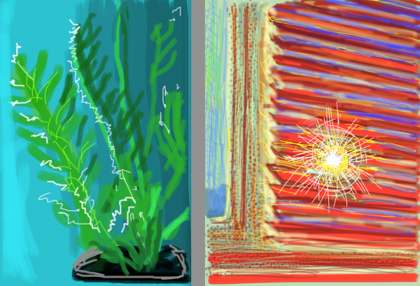 David Hockney, Untitled 13 June 2009, iPhone drawing. / David Hockney, Untitled 16 June 2010, iPad drawing. Courtesy of Louisiana Museum of Modern Art.