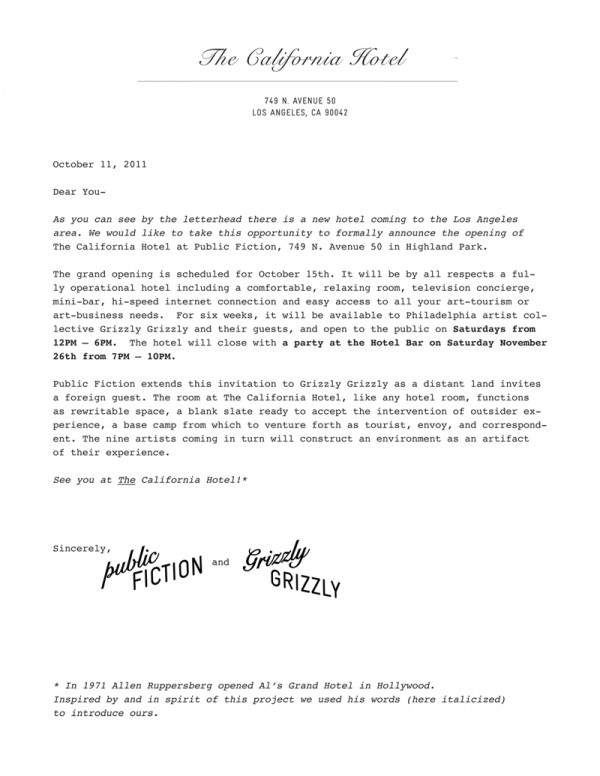 Museum of Public Fiction's announcement for The Californa Hotel