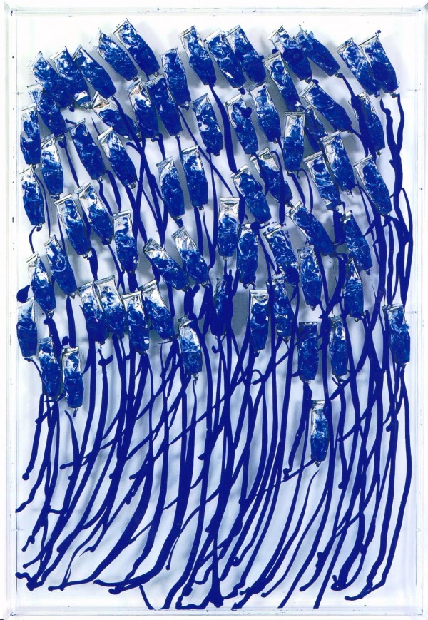 Arman, Blue Paint Tubes, 1989-90, paint tubes and perspex, Courtesy of Private Collector