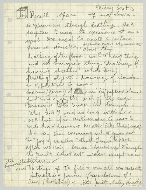 Louise Bourgeois, loose sheet, 13 September 1957, 26.7 x 20.3 cm. LB-0219, Louise Bourgeois Archive, New York. © The Easton Foundation.