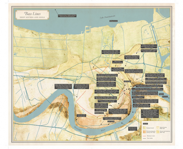 "Bass Lines: Deep Sounds and Soils" from the book Unfathomable City: A New Orleans Atlas. Map concept by Joshua Jelly-Schapiro and Rebecca Snedeker, cartography by Jakob Rosenzweig, artwork by Katie Holten, and design by Lia Tjandra.