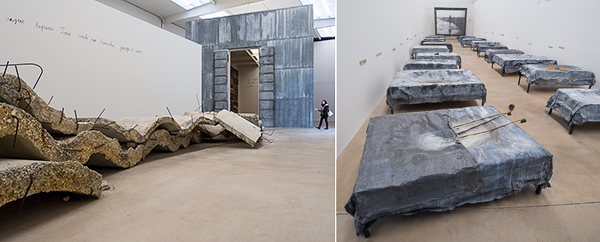 The two other Kiefer works that share the Hall Art Foundation building at MASS MoCA with Velimir Chlebnikov. Left: Étroits Sont les Vaisseaux (Narrow Are the Vessels), 2002 (detail); concrete, steel, lead and earth; 60 x 960 x 110 in. Courtesy of MASS MoCA, North Adams, MA, and Hall Art Foundation, New York. Photo: Saul Rosenfield. Right: The Women of the Revolution (Les Femmes de la Révolution), 1992/2013 (detail); lead beds: dimensions variable; photograph on lead: 138 x 174 in. Courtesy of MASS MoCA, North Adams, MA, and Hall Art Foundation, New York. Photo: Saul Rosenfield.