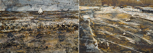 The Kiefer works evoke many associations, some explicit, such as the reference to the goddess Aphrodite (written in Greek in the image on the right), others ambiguous, such as the glove hanging (in the image on the left). Velimir Chlebnikov, 2004 (detail); steel pavilion, 300 x 330 x 689 in; 30 paintings, oil, emulsion, acrylic, lead and mixed media on canvas; 18 paintings, 75 x 130 in.; 12 paintings, 75 x 110 in. Courtesy of MASS MoCA, North Adams, MA, and Hall Art Foundation, New York. Photo: Saul Rosenfield.