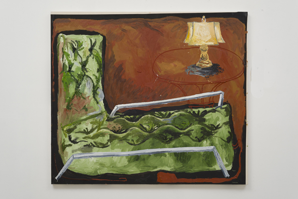 Alex Becerra. Couch and Table with Light, 2014; acrylic and oil on canvas stretched over panel; 63 x 72in. Courtesy of the Artist and ltd los angeles