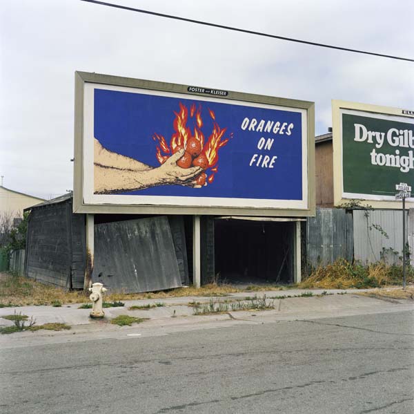 Larry Sultan, Mike Mandel. Oranges on Fire, 1975; photo mural; 10 x 22 ft. Photo courtesy of the Estate of Larry Sultan.