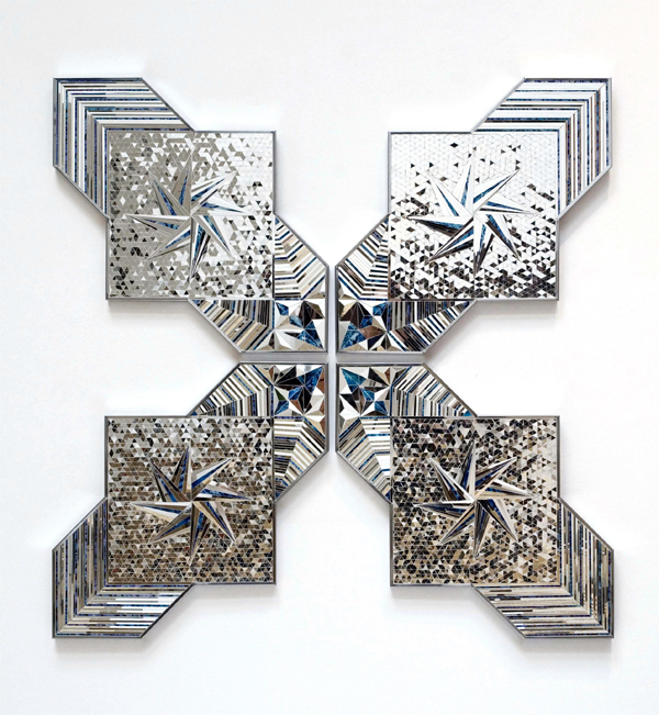 Monir Farmanfarmaian. Convertible Series, Group 10, 2011; Mirror and reverse glass painting on plaster and wood, 4 parts; Dimensions Variable; 4 parts, each: 19.75 x 32 x 1.25 inches; as shown: 47 x 47 x 1.25 inches. Courtesy of the artist and Haines Gallery / San Francisco.