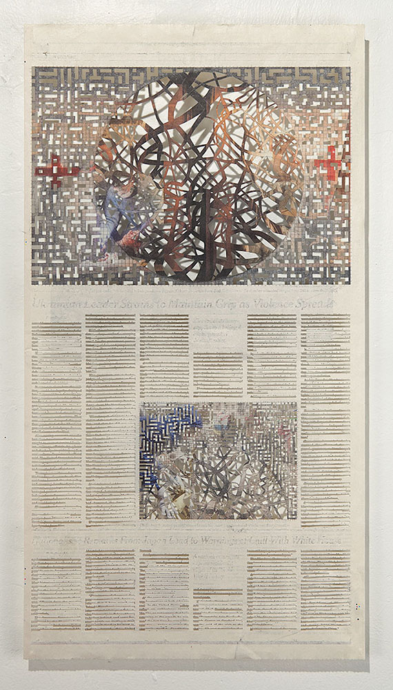 Shanti Grumbine. Selection from “Kenosis”, Ukrainian Leader Strains to Maintain Grip, February 20, 2014, A9, 2014, de-acidified New York Times page, 22 x 12 in.