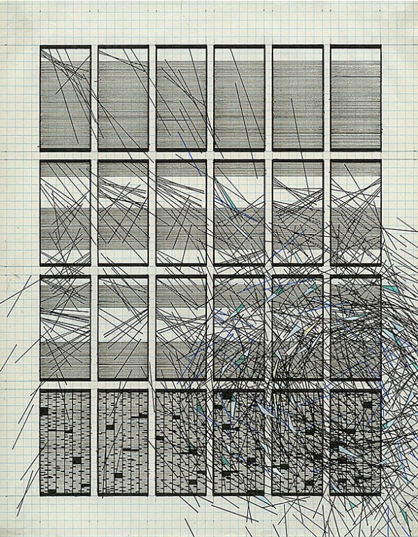 Shanti Grumbine. In Formation Drawing #10, 2013; ink on found graph paper; 11 x8.5 in.