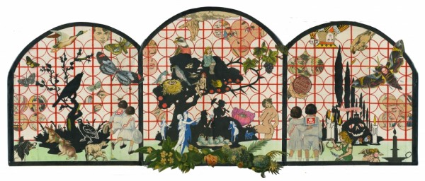 Michael Pajon. A Song, A Courtship, A Ritual. 2014. Mixed media collage on antique book covers. 14 x 28 inches. Image: Courtesy of the Jonathan Ferrara Gallery, 2015.