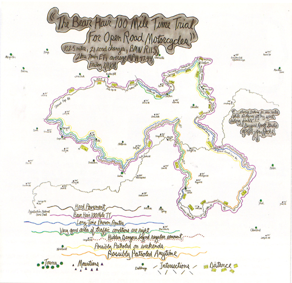 Jim Roche, The Bear Hair 100 Mile Time Trial for Open Road Motorcycles, 2008; Graphite and color pencil on paper, 33.5x34.75. Collection of Marilyn Oshman. Courtesy of The Ogden Museum of Southern Art. Photo: Richard McCabe.