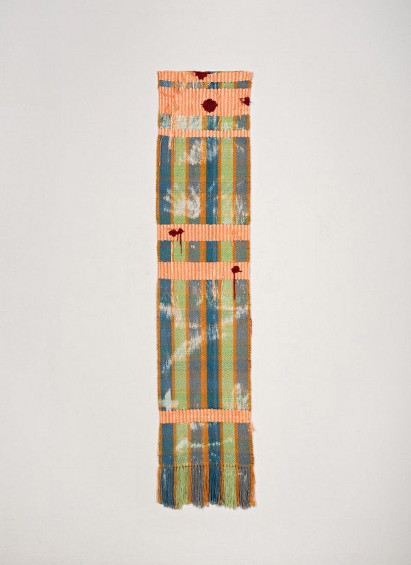 Diedrick Brackens. 10-79, 2015; hand-woven fabric, nylon, chenille, hand-dyed cotton, bleach; 66 x 14 in. Courtesy of the Artist and Johansson Projects, Oakland.