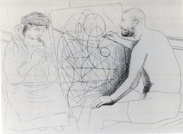 Pablo Picasso. Frenhofer at work on his ‘Unknown Masterpiece’. 1927-1931. Engraving for Ambrose Vollard’s commission of illustrations for Balzac’s Le chef-d’inconnu. 7 7/8 x 11 in.