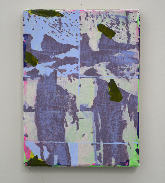 Jered Sprecher. The Sleep The Laughter, 2013; acrylic and paper on linen; 11 x 8 inches. Courtesy of Steven Zevitas Gallery.