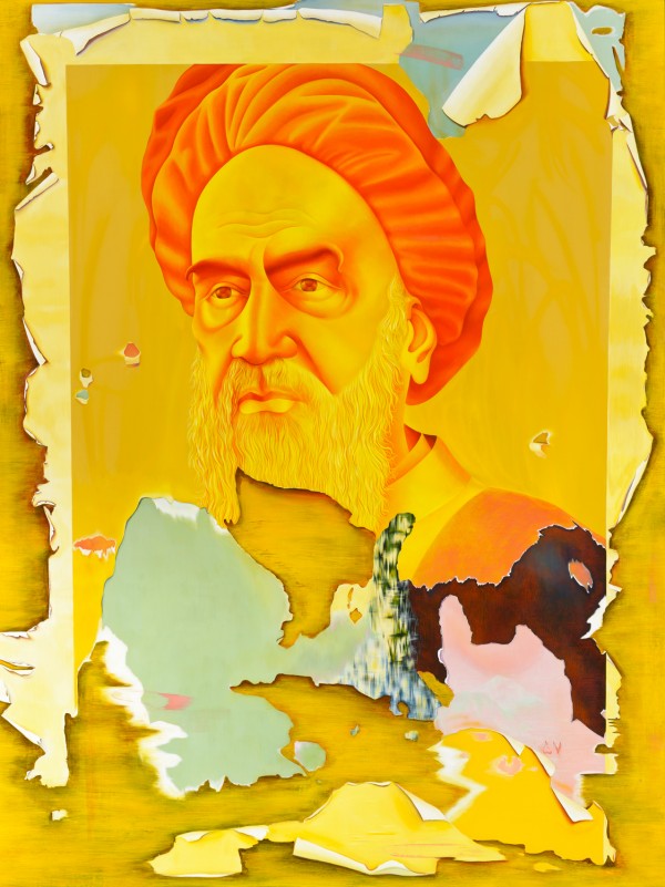 . Taravat Talepasand. Khomeini, 2015; egg tempura on linen; 48 x 36 in.