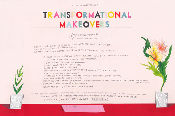 Erica Prince. Transformational Makeover Advertisement, 2014; pencil, gouache, collage; 11 x 18 inches.