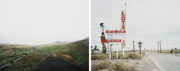 Marion Belanger. Rift #51 (Geothermal pipes alongside a road at Hengill, Iceland), 2011; Fault #26 (North Shore, Salton Sea, CA), 2012; archival pigment print; 18.5 x 14.8 in. Courtesy of the Artist and Atrium Gallery, Haverford College.
