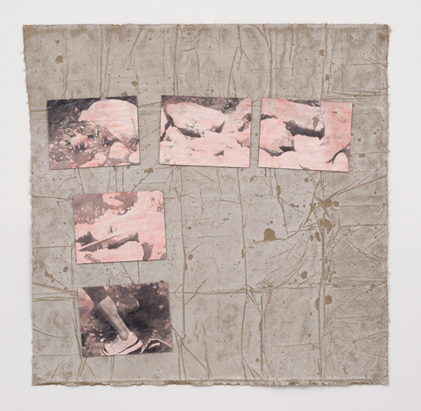 Matt Siegle. I wear denim and soiled ripstop. In the canyon I sport white athletic socks, hiking boots bought used from REI parking lot sale—no cheap Reeboks actually. My t-shirt shaded gray with lightly brassy pit stains. The sweat collects at my hairline at the top of my head. Drips the SPF 30 off the tip of my nose. Chem-UVA-UVB droplets collecting on my chest hair, slithering down my core and abdomen and each notch of my spine. With every passing sun-minute my cotton shirt clings to my torso, closely now. The shirt darkening with perspiration, through the weave of the belt and soaking the 501s, dampens my athletic compression shirts, quads, junk, grime, 2015. Acrylic on FSC-certified plasticized bags mounted to acrylic on linen; 43 x 43 in. Image courtesy of Park View and the Artist.