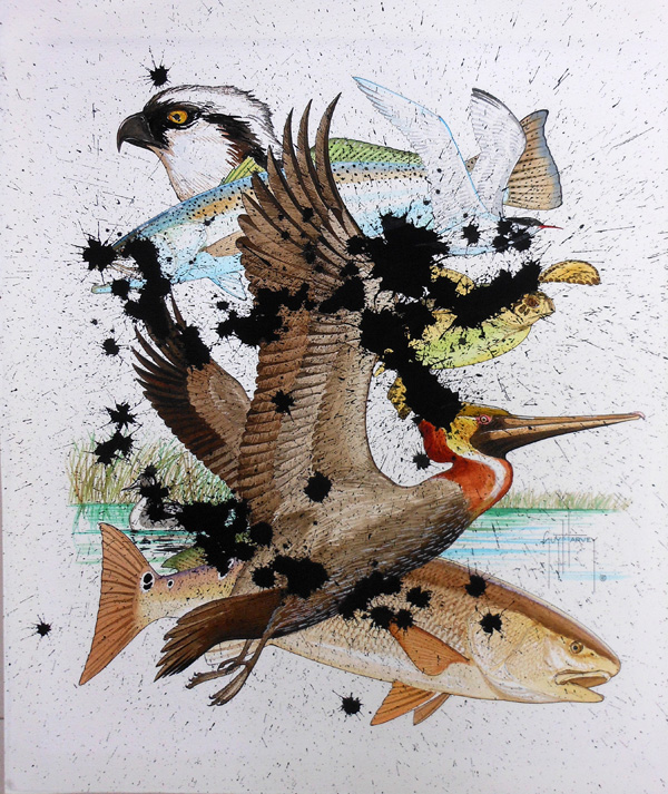 Guy Harvey. Gulf Life-Brown Pelican (Gulf Oil Spill). 2010. Watercolors. 31.625 x 28.625 inches. Image courtesy of Guy Harvey.