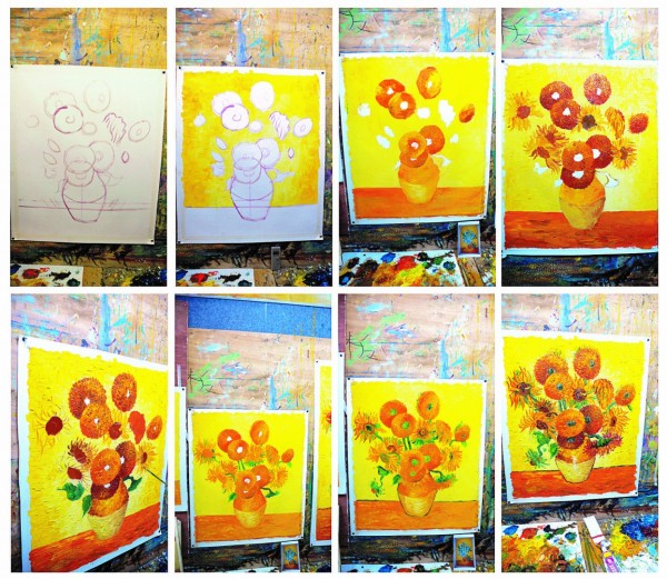 How to Paint van Gogh’s “Sunflowers.” Photos of Zhao Xiaoyong and apprentice, eight states of two van Gogh Sunflowers, oil on canvas, 20 × 24 in., 28 Oct.–6 Nov. 2008. Photos: Winnie Wong.