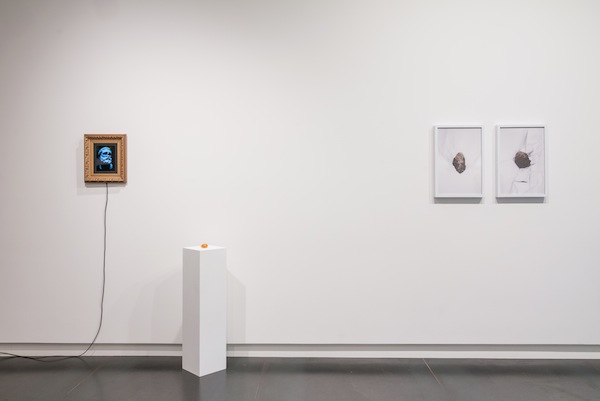 The Great Debate About Art, installation view, Upfor. (from left to right) Zach Dougherty, Dynamic Frame, 2013; digital animation and frame; 15 x 13 x 2 inches. Zach Dougherty, Quaternary No 1 and Quaternary No 2, 2015; Micro SD card and synthetic amber; 1.5 x 2 x 1 inches. Max Cleary, To See You Again, 2015; digital photographic print; 20 x 15 inches (each); Photo: Mario Gallucci.