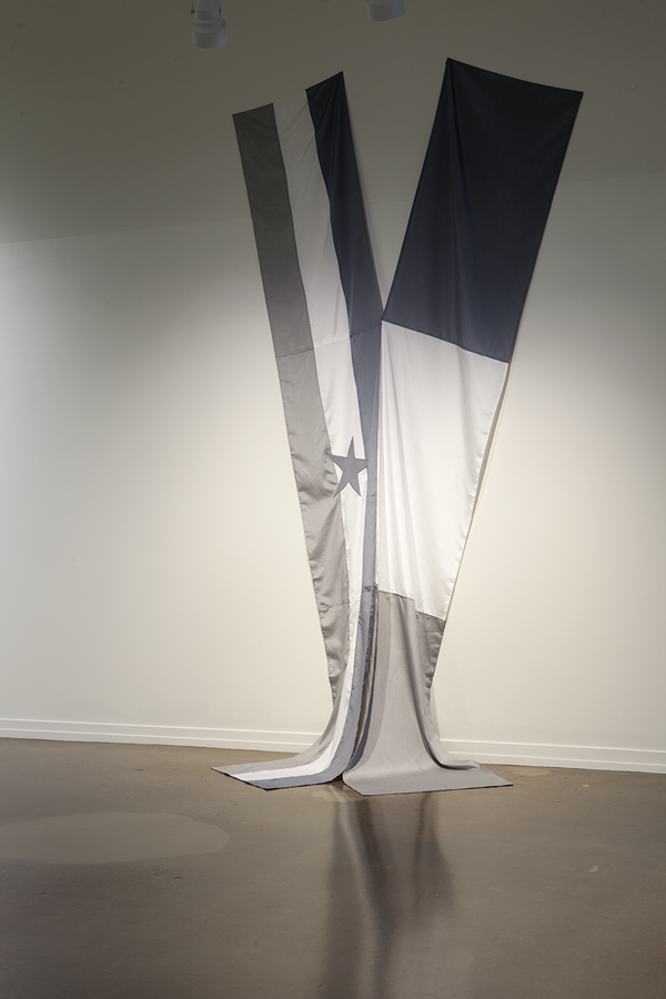 Vesna Pavlović. Installation shot of Elements of the Choreography. 2013. Two fabric flags, 27 x 156 inches each. Image courtesy of the artist and Zeitgeist Gallery (Nashville, Tennessee).