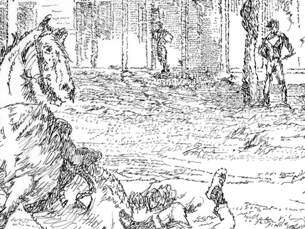 Michael Waugh. Before Our Very Eyes (FCIR, part 2), 2015 (detail); ink on mylar; 25 x 25 in. Courtesy of the Artist and Von Lintel Gallery.