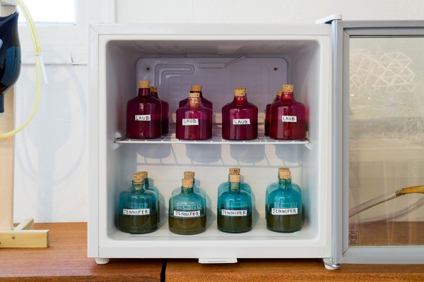 Jennifer Moon. GFT (Gut Fairies Transplant), 2015; Mouth blown glass, wood, vinyl tubing, fecal matter, condom, ass-wipe, rocks, sand, charcoal, filtered water, corks, Prehnite with Epidote crystal, Blue Calcite crystal, Smoky Quartz crystal, refrigerator, inkjet prints, cardboard, construction paper, foamcore, fabric, folding table; 2 parts: Approx. 64 x 275 x 21 in.; 77 x 48 x 24 in. Courtesy the artist and Commonwealth & Council, Los Angeles.