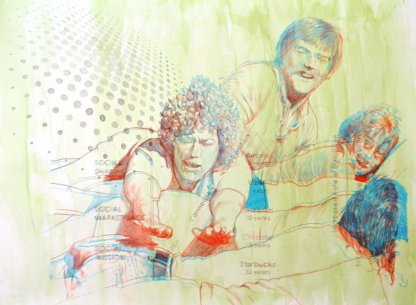 Robby Herbst. Body Surfing, 2015; Colored pencil, gauche on watercolor paper; 22 ½ x 30 inches. Courtesy of the artist and Commonwealth & Council, Los Angeles.