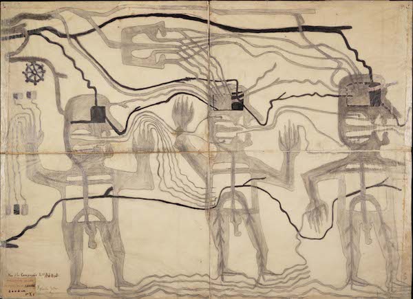 Robert Gie. Distribution d’Effluves avec Machine Centrale et Tableau Métrique (Distribution of Emanations with Central Machine and Metric Table),
circa 1916;
pencil and India ink on tracing paper; 19-1/2 x 26-3/8 in.
; Rosegg Psychiatric Clinic, Switzerland. Collection de l’Art Brut, Lausanne, Switzerland. Photo: Arnaud Conne.