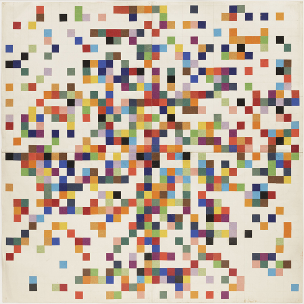 Ellsworth Kelly. Spectrum Colors Arranged by Chance II, 1951;
Cut-and-pasted color-coated paper and pencil on four sheets of paper;
38 1/4 x 38 1/4 in.