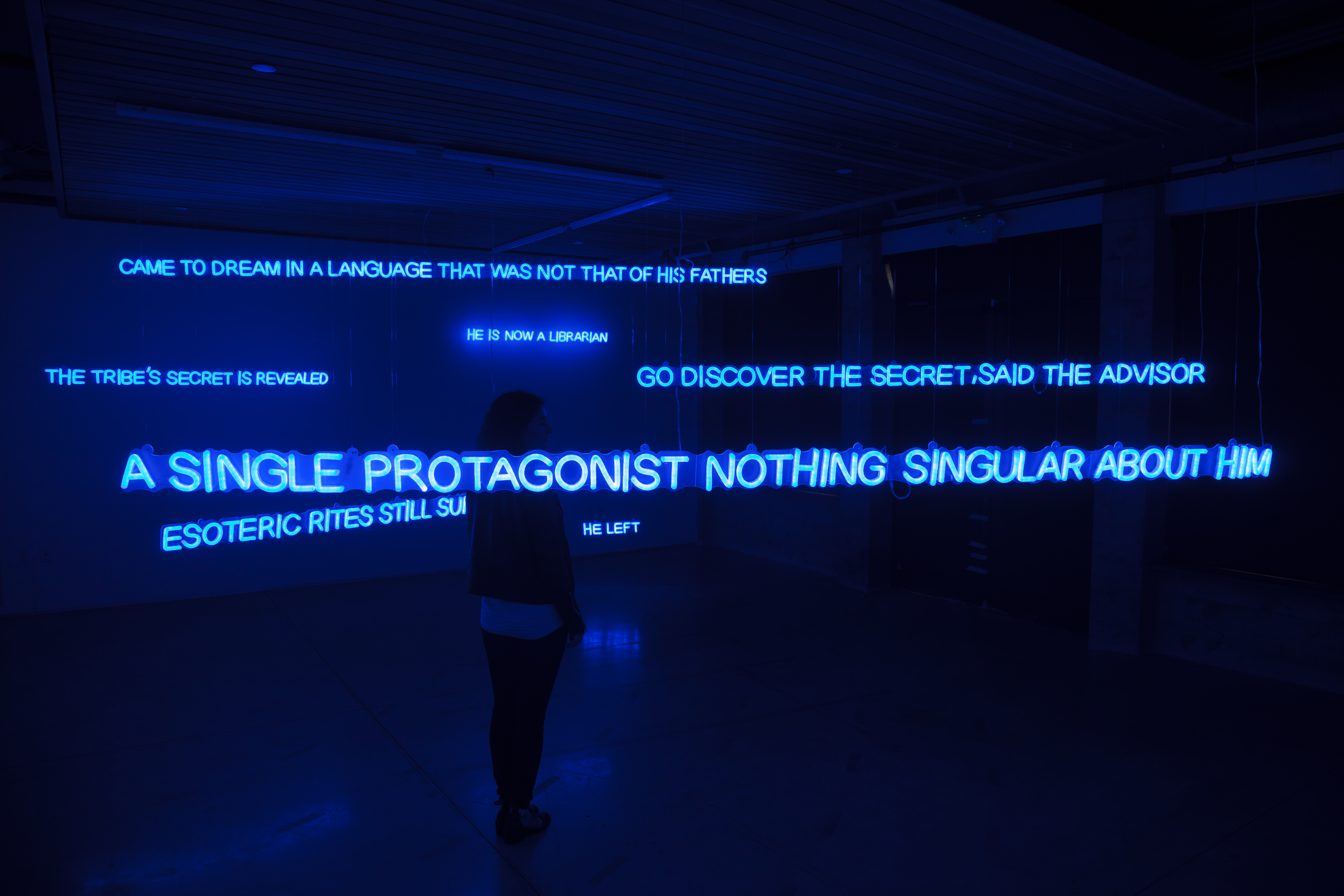 Fiamma Montezemolo. Neon Afterwords (The Secret installation view), 2016; LED lights and text. Courtesy of the Artist and Kadist, San Francisco. Photo: Jeff Warrin.