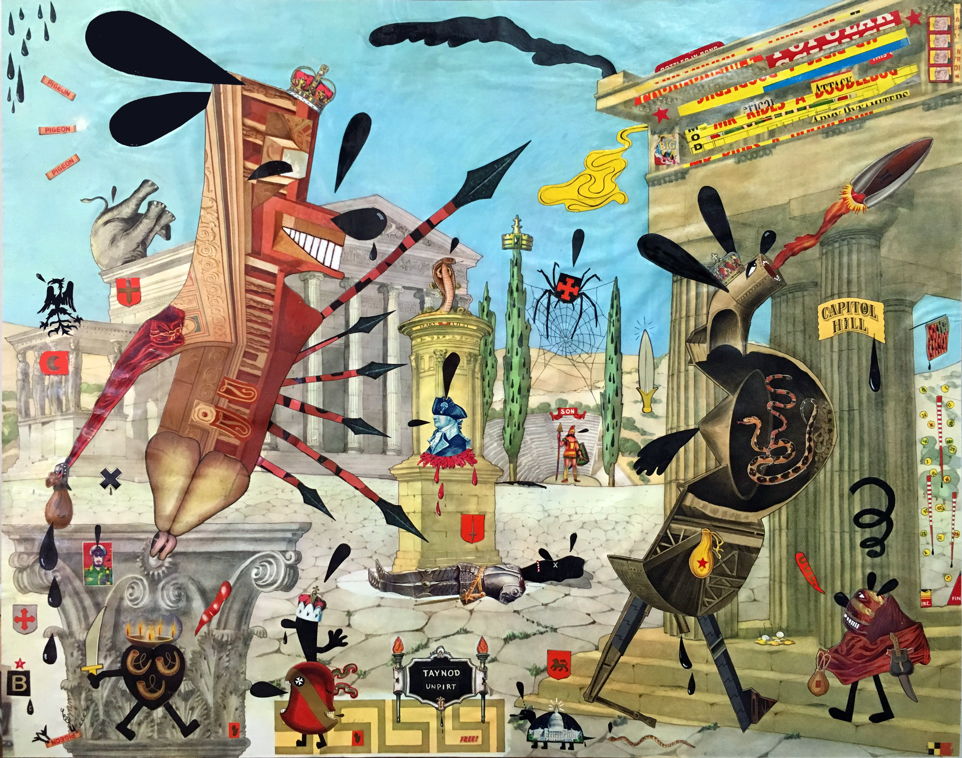 Lou Beach. Poltroons on Parade (Pigeon! Pigeon! Pigeon!), 2016; collage; 33 x 26 inches. Courtesy of the Artist and Jack Fischer Gallery. Photo: Lou Beach.