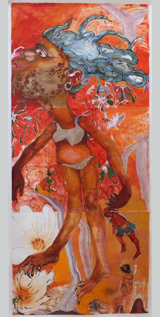 Rina Banerjee. Heavens no place for girls, no sand, no flowers no count of curls no irons to flatten nor straighten or curl you coiled corns, your hair would not leave you naked as girls when all but one could leave open my calls to trumpet her thoughts, stainless steel bikini and sanding wheels for girls who will not open, 2016; blue silver leaf, acrylic, aluminum leaf, and ink on paper; 66 x 30 inches. Courtesy of Hosfelt Gallery, San Francisco.