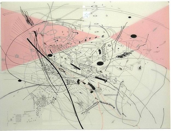 Julie Mehretu. Untitled (Skybox), 1999; ink and watercolor on three overlayed vellum sheets pinned on board; 18 x 24 in.